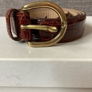 Ladies Bally 36”long, 1”wide, large, brown crocodile belt, brass buckle